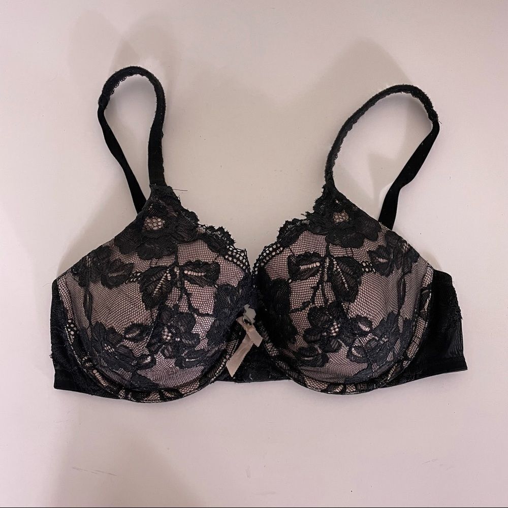 Victoria’s Secret Black Floral‎ Lace Mesh Lined Perfect Coverage Bra 34D